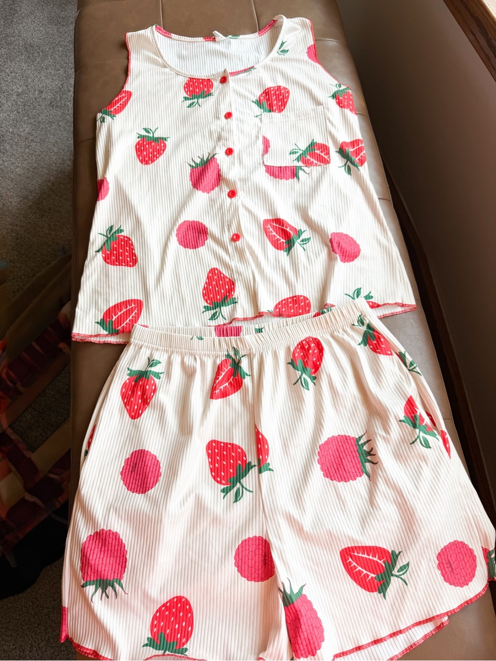 Girls Strawberry Print Cream ribbed soft Pajama Set 14/16